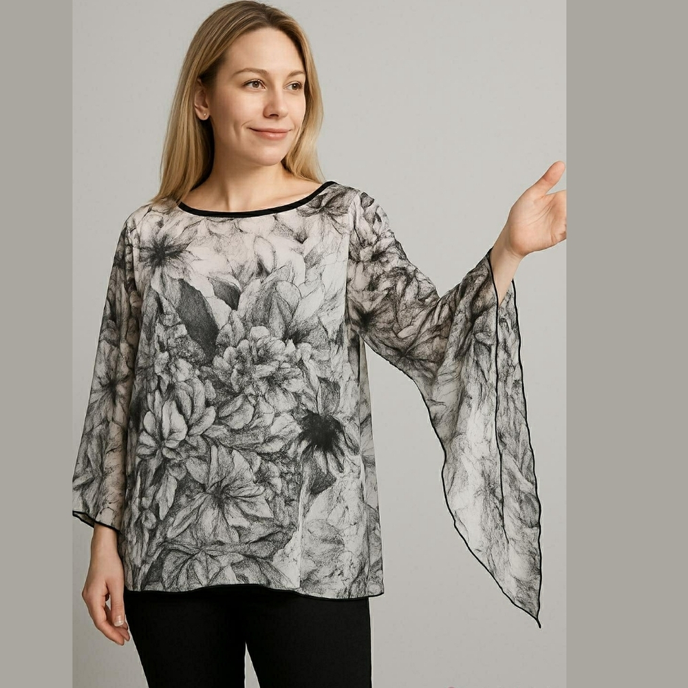 Made in Italy Floral Black White Blouse Sheer size XL